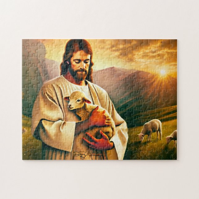 Jesus och Lamm Kristet Gudomligt Tröst Pussel (Horisontell)