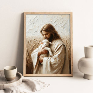Jesus och lammunge, kristen konst, Jesus Kristus Poster
