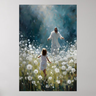 Jesus och lilla flicka i maskrosfält poster