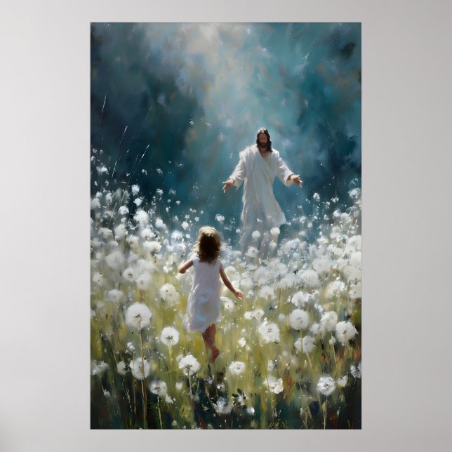 Jesus och lilla flicka i maskrosfält poster (Framsidan)