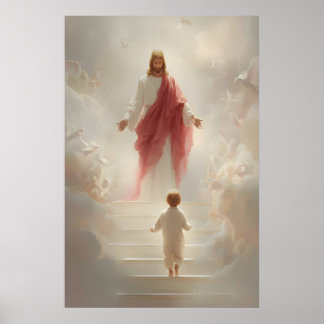Jesus och lilla pojken konsttryck katolsk kristen poster