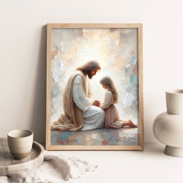 Jesus och liten flicka som ber, modern kristen kon poster (Skapare uppladdad)