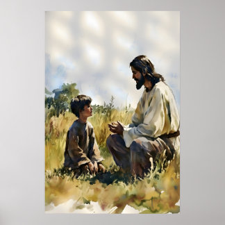 Jesus och liten pojke som pratar i fälttryck poster