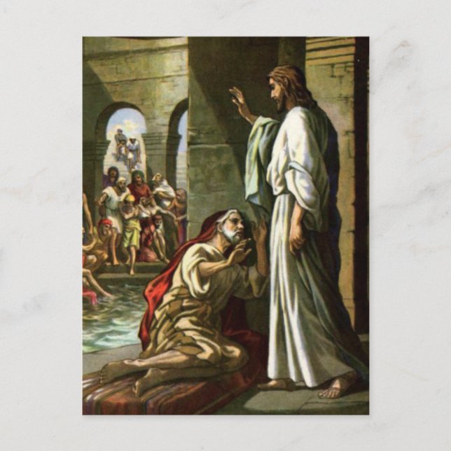 Jesus och mannen vid Bassäng Vykort (Framsida)