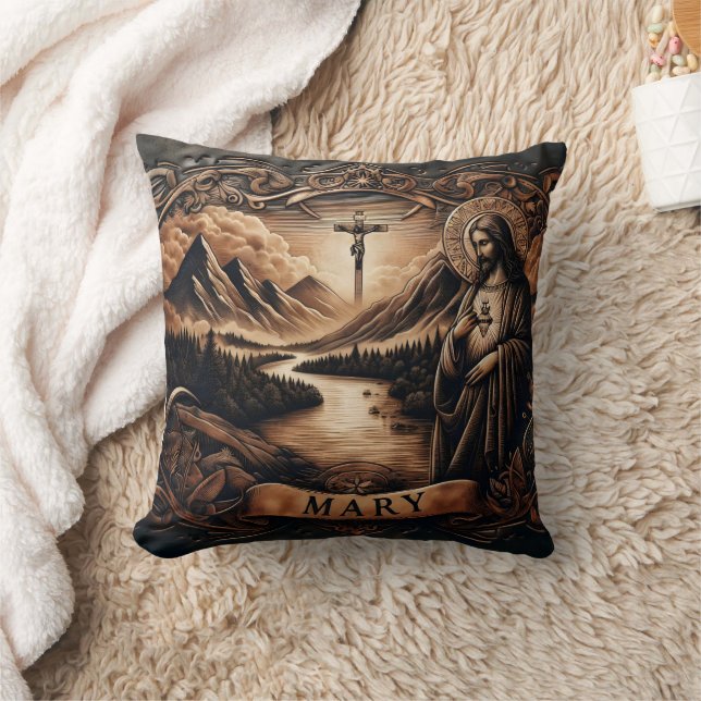 Jesus och Mary vid en flod med berg i Dusk Kudde (Filt)