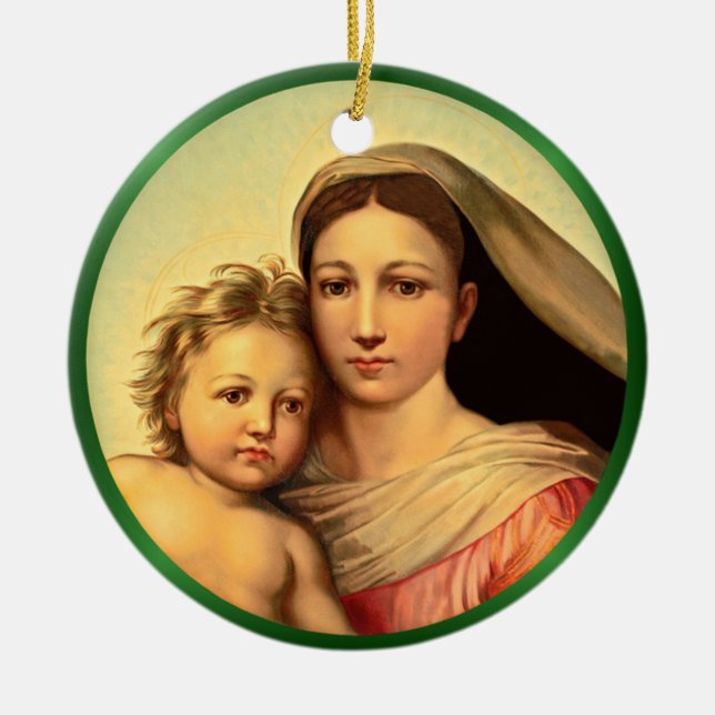 Jesus och Virgin Mary, Sistine Madonna ~ Ceramic Julgransprydnad Keramik (Framsidan)