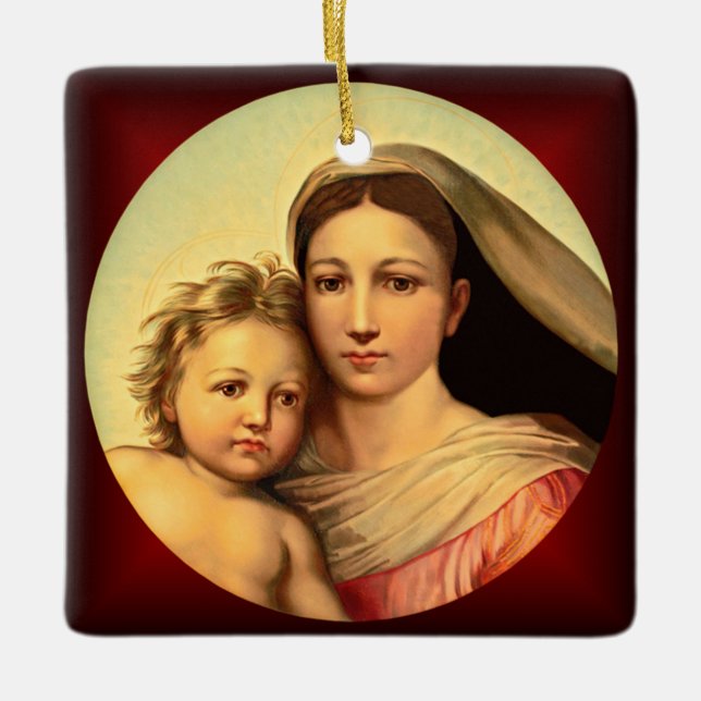 Jesus och Virgin Mary, Sistine Madonna ~ Julgransprydnad Keramik (Framsida)