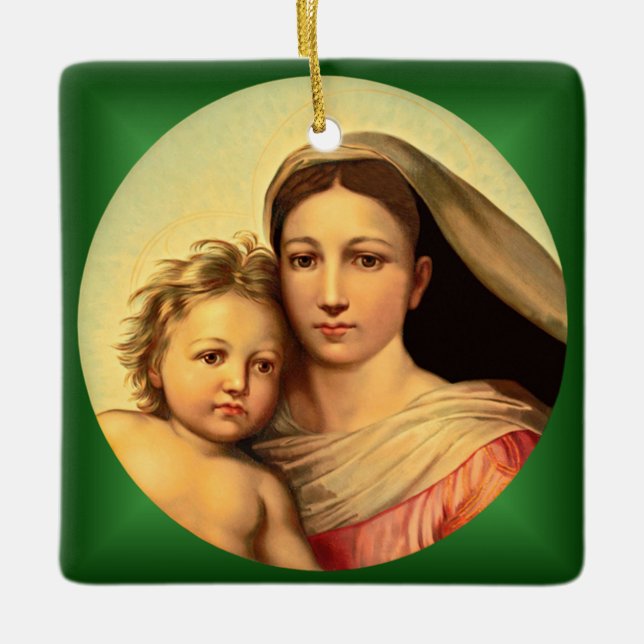 Jesus och Virgin Mary, Sistine Madonna ~ Julgransprydnad Keramik (Framsida)