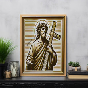 Jesus omfamnar det gyllene korset med medkänsla poster