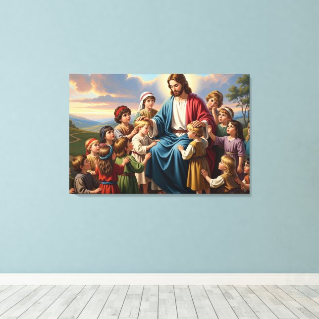 Jesus omgiven av barn canvastryck (Insitu (trägolv))