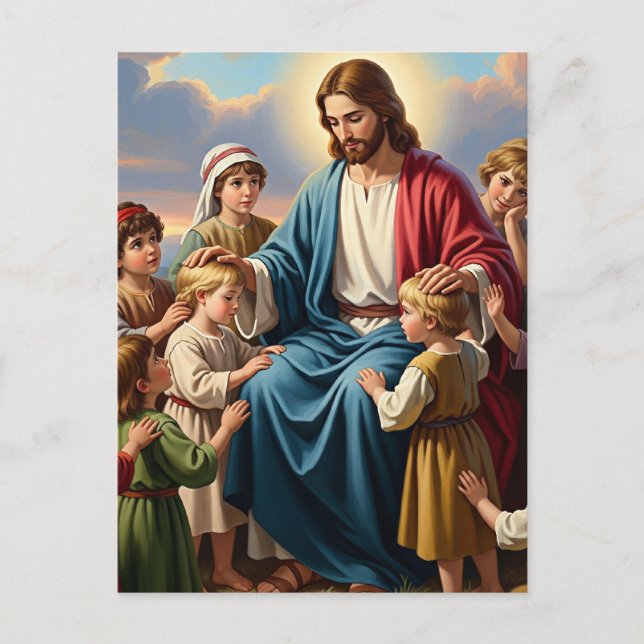 Jesus omgiven av barn helg vykort (Framsida)