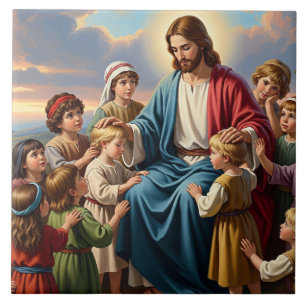 Jesus omgiven av barn kakelplatta