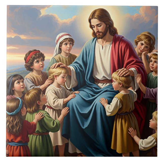 Jesus omgiven av barn kakelplatta (Framsidan)