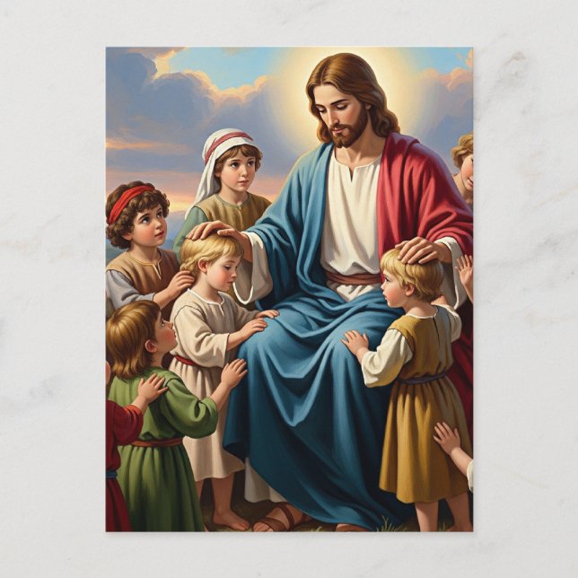 Jesus omgiven av barn vykort (Framsida)