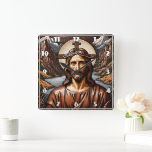 Jesus omgiven av berg och flod fyrkantig klocka