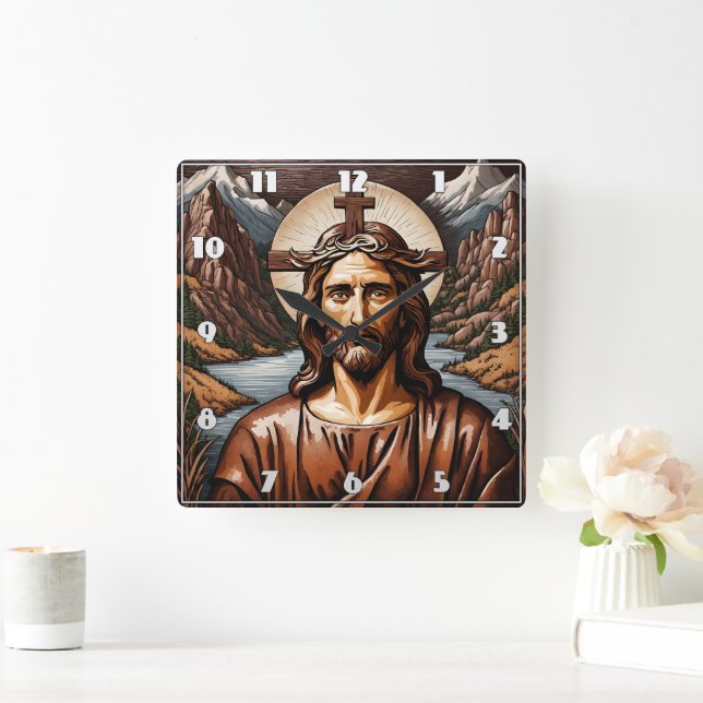 Jesus omgiven av berg och flod fyrkantig klocka (Hem)