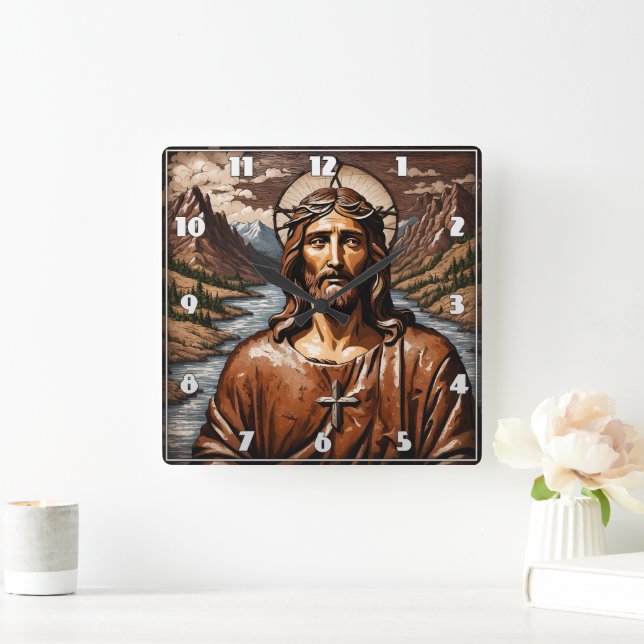 Jesus omgiven av berg och vattenled fyrkantig klocka (Hem)