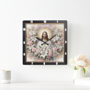 Jesus omgiven av Lilies Ro Fyrkantig Klocka