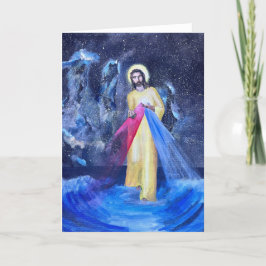 Jesus på blå vatten med galaxer och ytterrymd tack kort