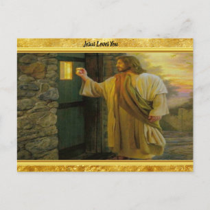 Jesus på din dörr med ett guld omkullkastar design vykort
