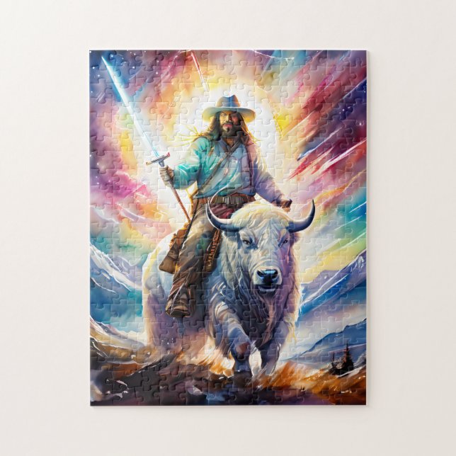 Jesus på en vit buffalo med ett lätt ord pussel (Vertikal)