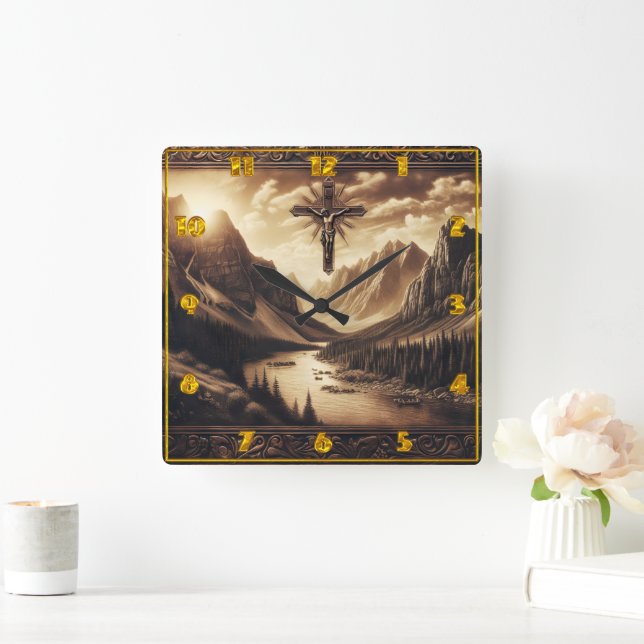 Jesus på Kor med bergsvy Fyrkantig Klocka (Hem)