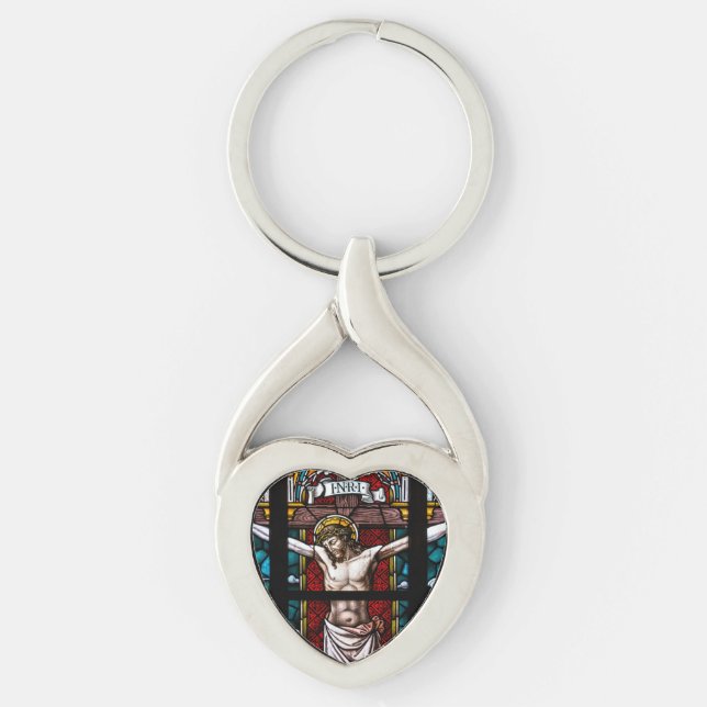 Jesus på Kor Twisted Heart Silverfärgad Nyckelring (Framsidan)