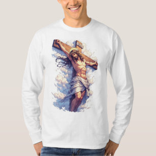 Jesus på korset Kristna herrars långärmade t-shirt