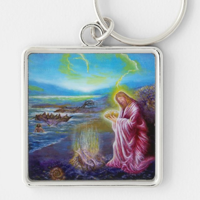 JESUS PÅ SEASHORE, St John 21 Fyrkantig Silverfärgad Nyckelring (Framsidan)