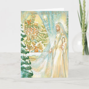 Jesus på tittar jul skyler igenom av snö helgkort