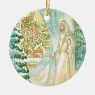 Jesus på tittar jul skyler igenom av snö julgransprydnad keramik