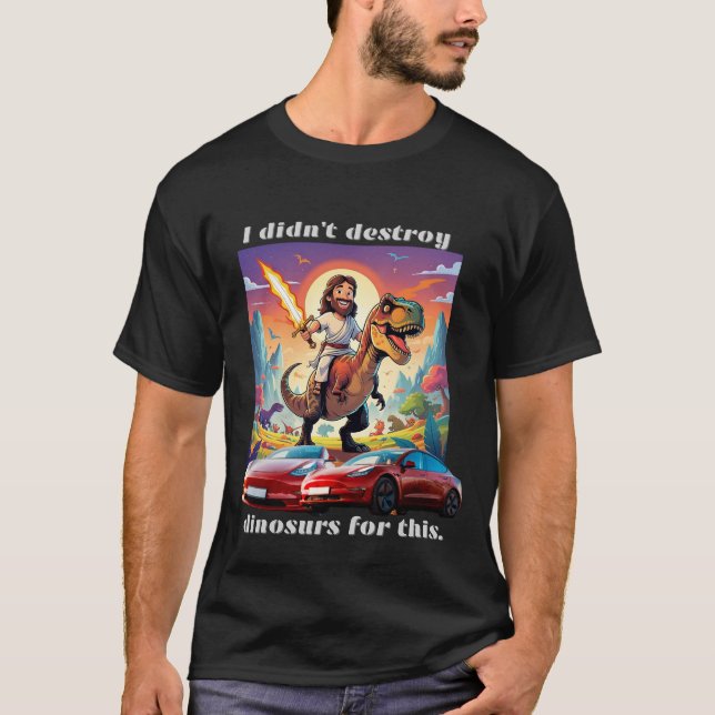 Jesus på Trex mot elbil T Shirt (Framsida)