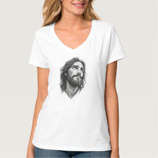 Jesus pennteckning kristen kvinnors V-ringad t-shi T Shirt