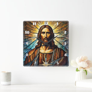 Jesus Porträtt med Golden Aura i glasaktigt glas Fyrkantig Klocka