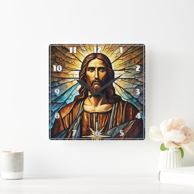 Jesus Porträtt med Golden Aura i glasaktigt glas Fyrkantig Klocka (Hem)