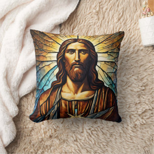 Jesus Porträtt med Golden Aura i glasaktigt glas Kudde