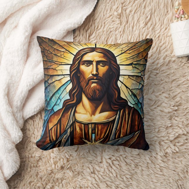 Jesus Porträtt med Golden Aura i glasaktigt glas Kudde (Filt)