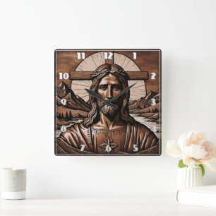 Jesus Porträtt, omringad av berg och Kor Fyrkantig Klocka