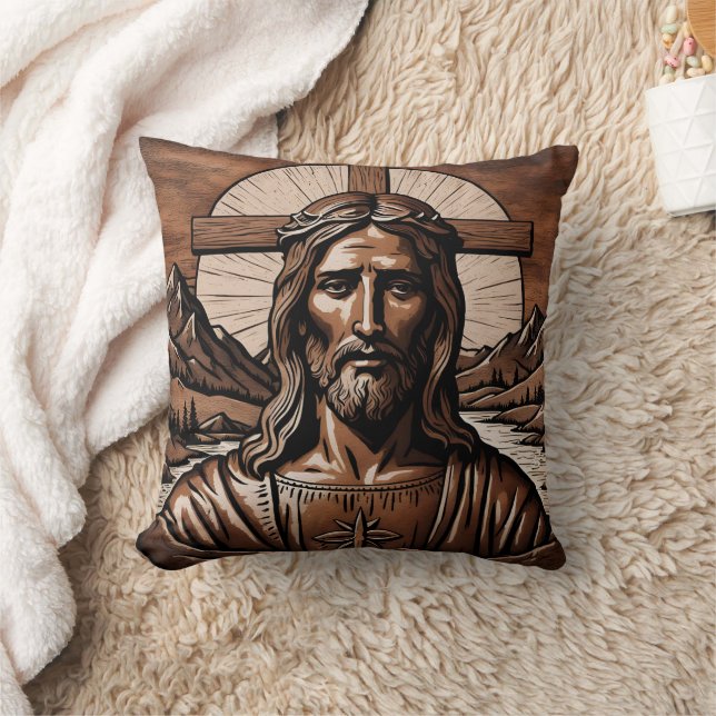 Jesus Porträtt, omringad av berg och Kor Kudde (Filt)