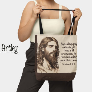 Jesus Porträtt Sketch Bibelcitat Sepia och Cream Tygkasse