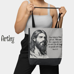 Jesus Porträtt Sketch Bible Quote Black and White Tygkasse
