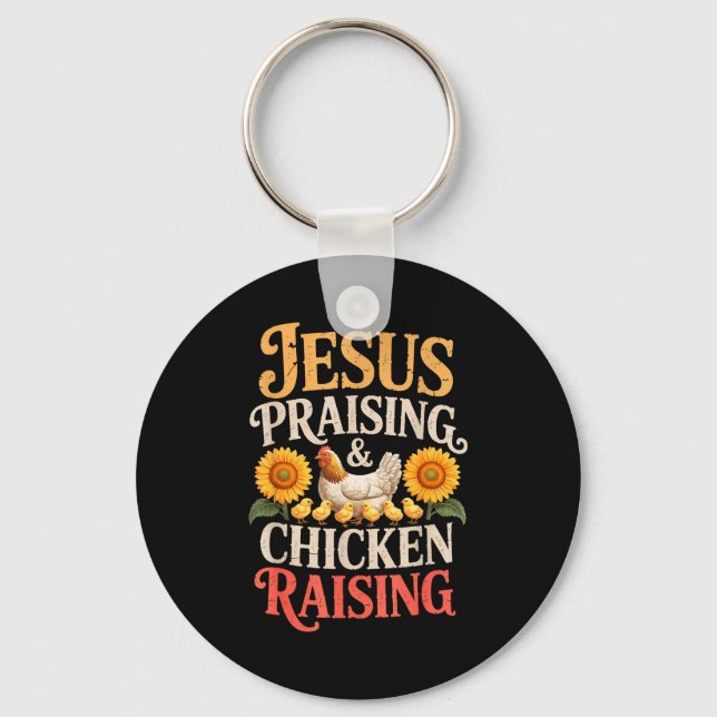 Jesus Praising &amp; Chicken Raising Funny Faith F Nyckelring (Framsida)