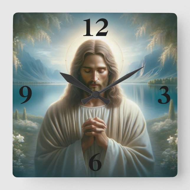 Jesus Praying Fyrkantig Klocka (Framsida)