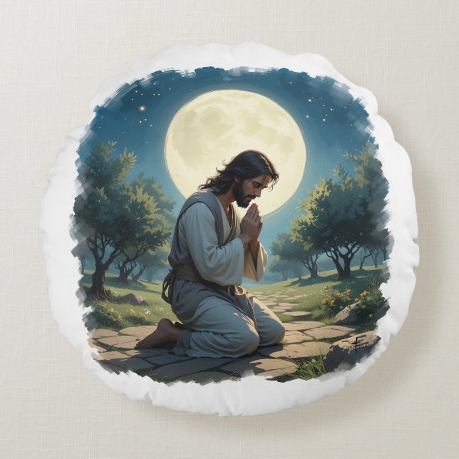 Jesus Praying Round Pillow - Christian Art Works Rund Kudde (Framsidan)