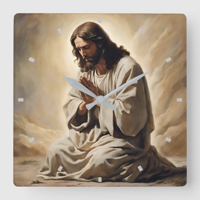 Jesus Praying Wall Clock Fyrkantig Klocka (Framsida)