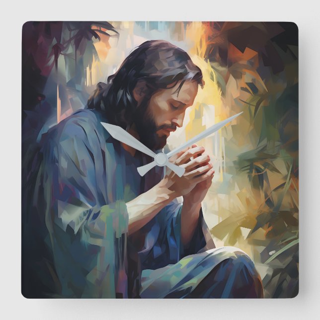 Jesus Praying Wall Clock Fyrkantig Klocka (Framsida)