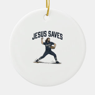 Jesus Räddar Baseball Pitcher Vintage Gravyr Kitte Julgransprydnad Keramik