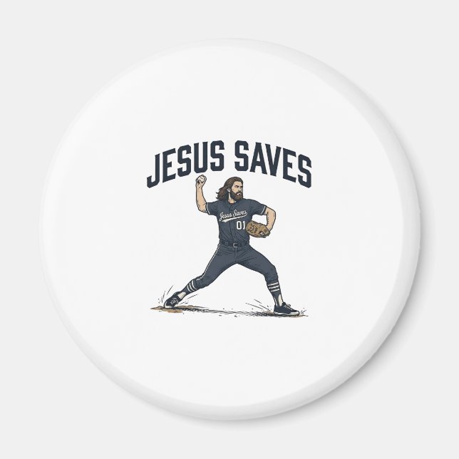 Jesus Räddar Baseball Pitcher Vintage Gravyr Kitte Magnet (Framsidan)