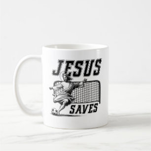 Jesus Räddar och Gör Mål - Rolig Jesus Fotbollsmem Kaffemugg