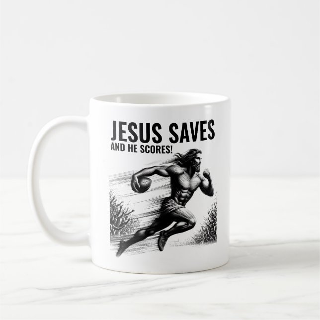 Jesus Räddar och Han Gör Mål - Jesus Fotboll Meme Kaffemugg (Vänster)